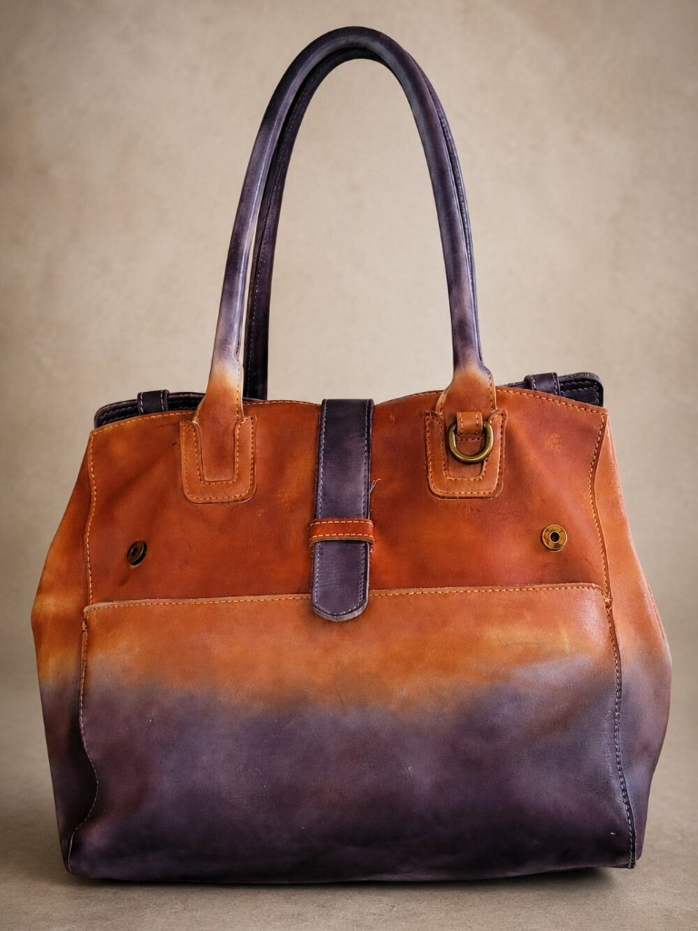 Vintage Old Trend Genuine Leather Tote Handbag Two-Tone Brown Distressed
